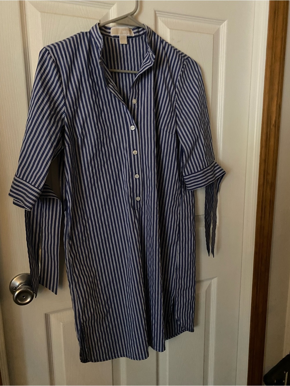 Michael Kors Blue and White Vertical Stripe Button-Down Shirt Dress